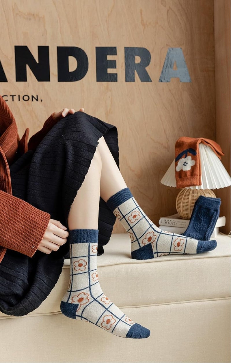 FORJMMP 5/10 Pairs Wool Socks for Women Thick Knit Vintage Cute Floral Crew Socks - Image 5